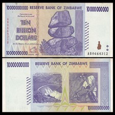 Zimbabwe 10 billion Dollars, 2008, Circulated XF MONEY 10 20 100 TRILLION SERIAL