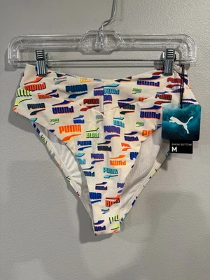 Calcinha de biquíni Puma bege com escrita multicolorida nova média - Imagem 1 de 4