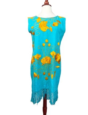 Vintage Boho Summer Shift Dress – Hand Embroidered Orange Floral with Fringe Hem - Image 1 of 4