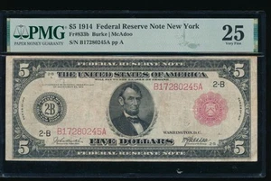 AC Fr 833b 1914 $5 New York FRN red seal PMG 25 - Picture 1 of 2