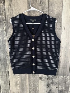 NWT Adrianna Papell Navy Button Up Textured Fringe Edge Sweater Vest Sz Medium - Picture 1 of 9