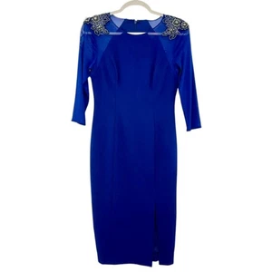 Abito tubino midi Adrianna Papell blu scuro taglia 2 maniche trasparenti strass - Foto 1 di 8