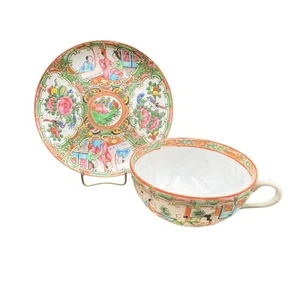Antica tazza e piattino porcellana cinese XIX secolo dipinto a mano medaglione rosa - Foto 1 di 8