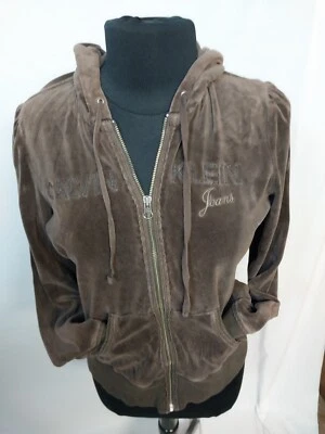 Calvin Klein Y2K Velour Hoodie Full Zip Brown With  Logo Womens LG - Image 1 of 4