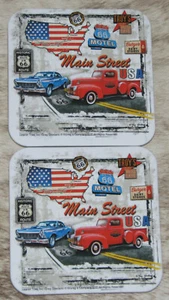 LEANIN TREE "Ruta 66 Main St." ~ Juego de 2 posavasos ~ Parte posterior de corcho ~ 3,75" x 3,75" #62428 ~ - Imagen 1 de 2