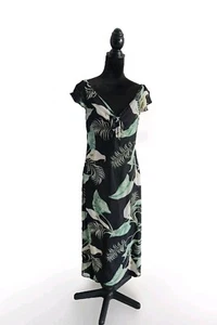Tommy Bahama Womens 8 Black Green Tropical Leaf Tie Front Silk Maxi Dress - Picture 1 of 11