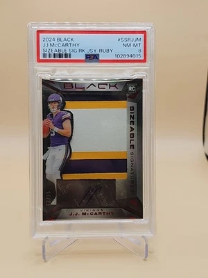 J.J. MCCARTHY 2024 PANINI BLACK ROOKIE PATCH AUTO RUBY RC PSA 8 12/15 VIKINGS - Image 1 of 2