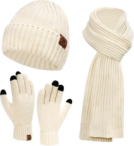 Womens Winter Knit Warm Hat Beanie Long Scarf Touch Screen Gloves Set Skull Caps - Picture 1 of 12