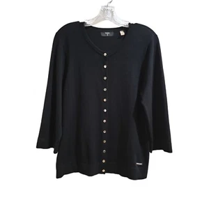 Tahari Black Cardigan Sweater Large 3/4 Wide Sleeve Full Snap Dressy Casual  - Picture 1 of 8