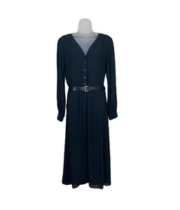 Michael Kors Dress Kate Midi Button Down Long Sleeve Petite Large Black Belted - Picture 1 of 11