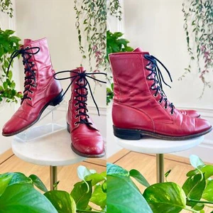 Vintage 1980s 1990s Roper Boots 80s 90s JUSTIN Red Leather Lace Up Grunge size 7 - Picture 1 of 12