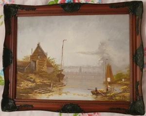 Gerahmtes Ölgemälde auf Leinwand, Motiv Boot Fluss Szene 12" x 16" - Bild 1 von 1