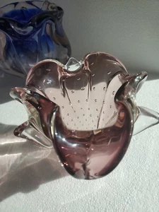  Murano  Style Bowl Entrained Symetric Air Bubbles Rose Lavender Nice Vintage - Picture 1 of 5