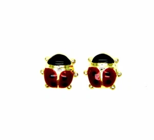 Boucles D'Oreilles or Jaune 18KT 750 Coccinelle Émaillés Rouges A Lobe De Fille - Picture 1 of 6