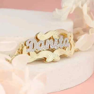 Customized Name Bracelet Two Tone Jewelry Stainless Steel 18k Gold Flat Chain - Picture 1 of 5