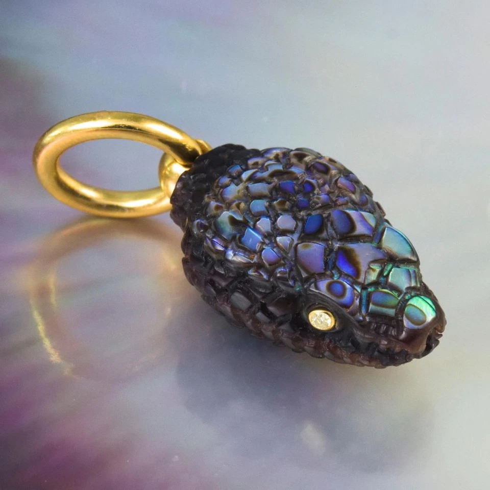 Gold Vermeil Sterling Silver & Multicolor Shell Snake Pendant Diamond Eyes 4.53g - Image 1 of 4