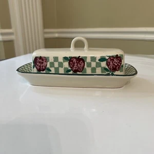 Tienshan Stoneware Butter Dish Green Check Apple Design  - Picture 1 of 11