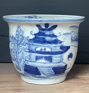 Oriental Blue White Planter, China Chinese Hand Painted Figures Pagoda Plant Pot - Picture 1 of 18