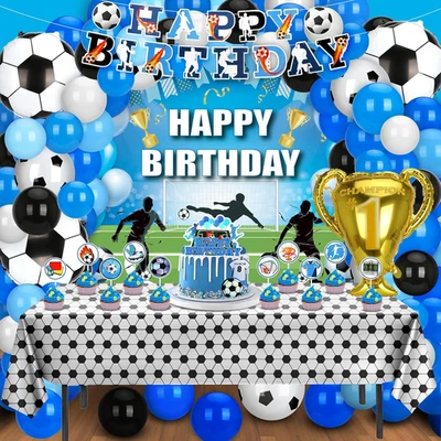 Decoraciones de fiesta de cumpleaños de fútbol, 131 piezas suministros de fiesta de cumpleaños de fútbol azul en Foto 1 de 4