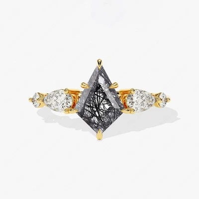 Alianza de cuarzo rutilado negro en forma de cometa, anillo de moissanita pera de plata 925 Foto 1 de 4