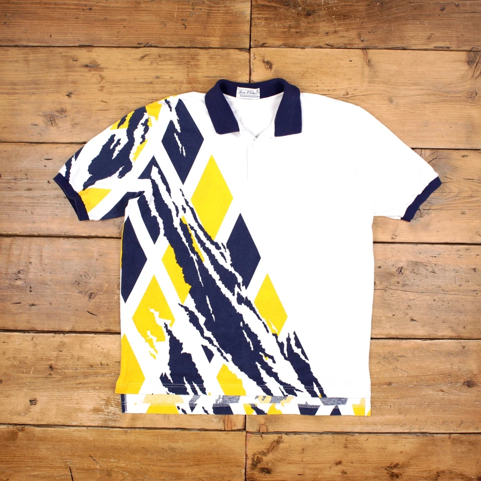 Vintage Polo Shirt T Shirt XL 90s Hartwell Geometric White Tee - Imagem 1 de 4