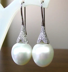 15.4mm!! SOUTH SEA PEARLS UNTREATED +DIAMONDS +18ct SOLID W GOLD EARRINGS +CERT - Picture 1 of 1