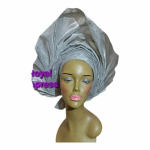 Aso-Oke African Headtie Auto Gele, Metallic Grey Empress  headwear - Picture 1 of 2
