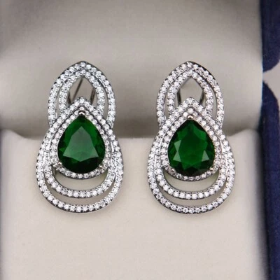 White Gold Plated Green Crystal CZ zircon Paved Hook Stud Earrings - Image 1 of 4
