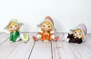 3 Vintage HOMCO Pixie Elf Figurines Ceramic Hand Painted Flower Gnomes - Picture 1 of 6