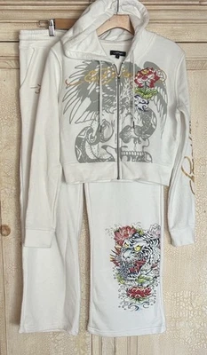Conjunto de traje de chándal Ed Hardy Y2K de dos piezas para mujer blanco floral tigre talla L Foto 1 de 4