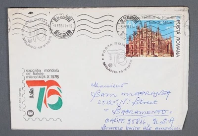 MayfairStamps Romania FDC 1977 Italia 76 Philatelic Exposition Bucharest to Sacr - Image 1 of 2