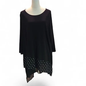 Allison Daley Black Tunic Top 2X Cold Shoulder 3/4 Sleeve Polka Dot Asymmetrical - Picture 1 of 14