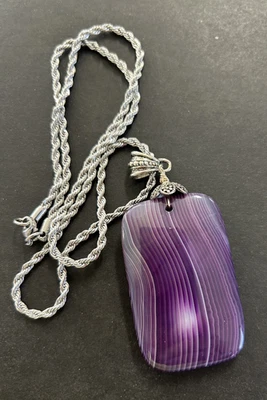 Collar Colgante Grande de Ágata Teñido de Púrpura con Bandas, Cadena Cuerda Tono Plata 22" Boho Foto 1 de 4
