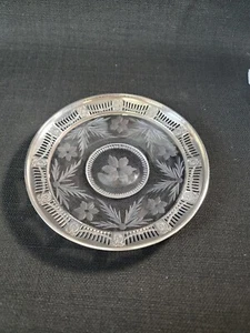 Whiting Sterling Pierced Rim Etched Glass Floral Trinket Tray Dish 5 1/2" - Picture 1 of 6