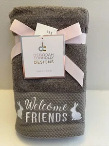 Deborah Connolly 2 Gray/Silver Hand Towels Embroidered Welcome Friends, Bunnies - Picture 1 of 5