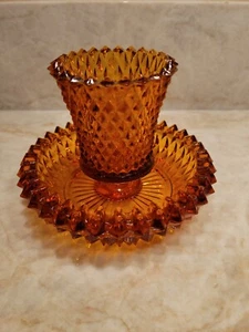 Vintage Amber Diamond Point Cut Indiana 2 Pc  Candle Holder - Picture 1 of 6