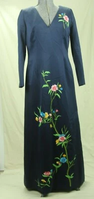 Vintage 60s Floral Embroidered Satin Hostess Dress Gown Medium Navy Blue Wang - Image 1 of 4