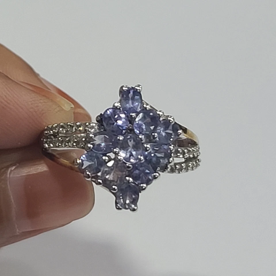 Joias usadas anel aglomerado HSN dois tons roxo esterlina tanzanita e CZ - Imagem 1 de 4