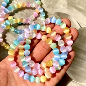 1Pc Colorful Cat Eye Stone Healing Energy Bangle Rainbow Aura Selenite Bracelets - Picture 1 of 6