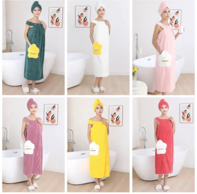 Bademantel mit Haartuch Duschtuch Saunatuch Strand Spa Handtuch Kleid Damen - Bild 1 von 4