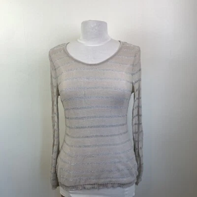 Suéter Peruvian Connection Algodón Pima Lurex Tejido L Beige Pullover Top Metálico Foto 1 de 4