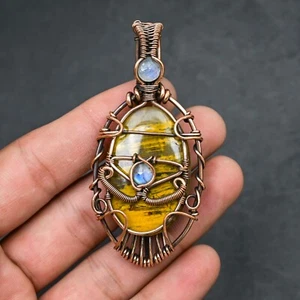 Tiger Eye Gemstone Copper Wire Wrapped Handmade Pendant Jewelry Gift For - Picture 1 of 4