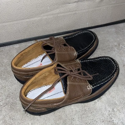 Zapatos de barco Dr Comfort Patrick para hombre 10 1/2 marrón cuero negro punta mocasín 6 ojos Foto 1 de 4