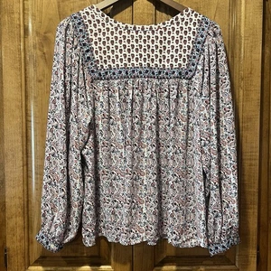 GAP Long Sleeve Split Neck Paisley Ivory Frost Blouse, Size L - Picture 1 of 7