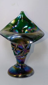 1987 grüner Amethyst Karneval Glas Gewinde Jack in der Kanzel Vase 6,5" JIP - Bild 1 von 9