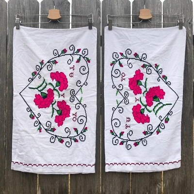 Handmade Cross Stitch Pillow Shams TU Y YO Heart Floral Spanish Set of 2 White - Image 1 of 4