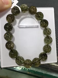 12,5 mm Natürliches Grünes Turmalin Haar Rutil Kristall Perlen Armband AAA - Bild 1 von 2