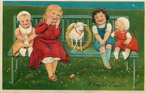 Easter Postcard Victorian Children Bench Lamb Embossed  - Foto 1 di 2