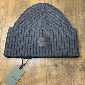 ALL SAINTS Travelling Rib Cuff Beanie Hat Logo Patch Mens Charcoal NEW - Picture 1 of 3