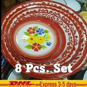 Set 8 Enamel Tray Thai Kitchenware Floral Pattern Vintage Art Decor Fruit Plate - Picture 1 of 12